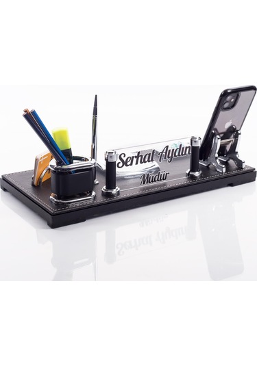 Madrid Ofis Masa İsimliği Siyah Deri Masaüstü İsimlik Seti