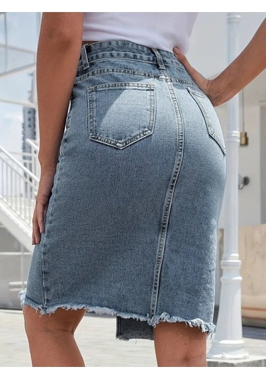 Kadın Elastik Bel Yırtık Kenar Detaylı Kot Etek Karışık