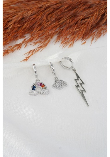 Kadın Baget Zirkon Taşlı Bulut Ve Şimşek Figürlü 3'lü Set Küpe - Gümüş