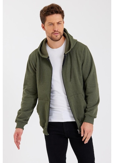 Comeor Kanguru Cepli Kapüşonlu Fermuarlı İçi Pamuklu Erkek Sweatshirt Haki 001 Haki