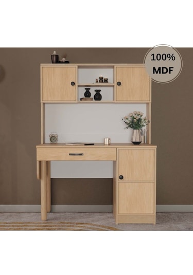 Meşe Mdf Kitaplıklı Dolaplı Çalışma Masası Bej