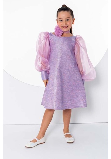 Riccotarz Kız Çocuk Çiçekli Boyunluk Hediyeli Şeffaf Karpuz Kollu Üzeri Simli Lila Elbise Lila