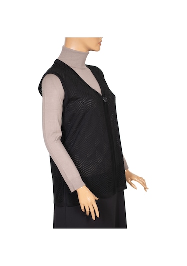 Hesna Kadın Taçlı Triko Ajurlu Broşlu Yelek Siyah Siyah