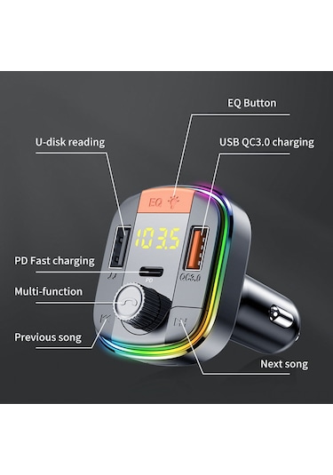 Skycity Siyah Oto Bluetooth Mp3 Çalar Fm Transmitter, 7 Renkli Işık, Ellerden Kurtulmuş Arama, Tf Kart/usb Oynatma, Voltaj Tespiti Desteği