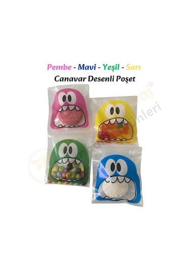 100 Adet 4 Renkli Canavar Desenli Cake Pop & Kurabiye Poşeti - 10x15 Cm