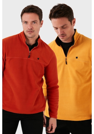 Buratti Slim Fit Anti-Pilling Tüylenme Yapmayan Bato Yaka Şardonlu 2'Li Paket Erkek Polar 5906001S2 Hardal-Orange