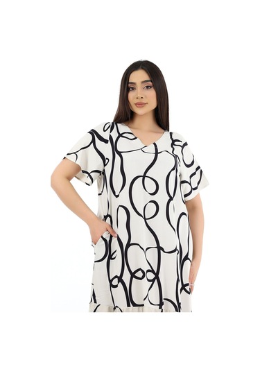 Schık Kadın Viskon Yarım Kol V Yaka Fırfırlı Elbise Ekru Ekru