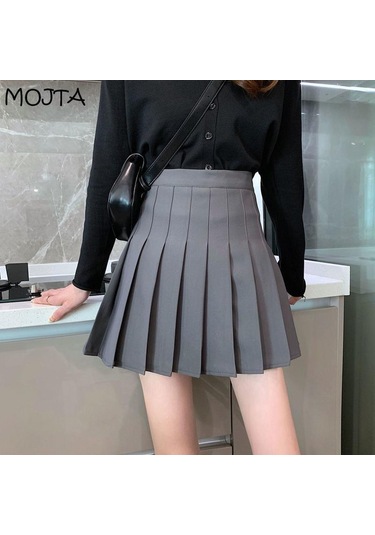 Gri Yaz Kadın Etek Tarzı Pileli Etek Şık Öğrenci Yüksek Bel A-line Etek Kadın Gri