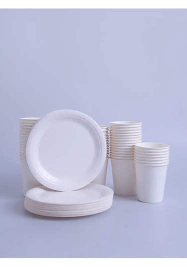 Mideko 50 Tabak + 50 Bardaklı Tek Kullanımlık Sofra Seti 300260369 Beyaz