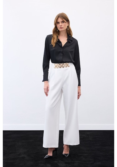 Sateen Kemerli Salaş Pantolon - Ekru-136533 Ekru