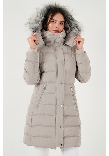 Lela Regular Fit Çıkarılabilir Kapüşonlu Fermuarlı Cepli Şişme Bayan Mont 497Emily Taş