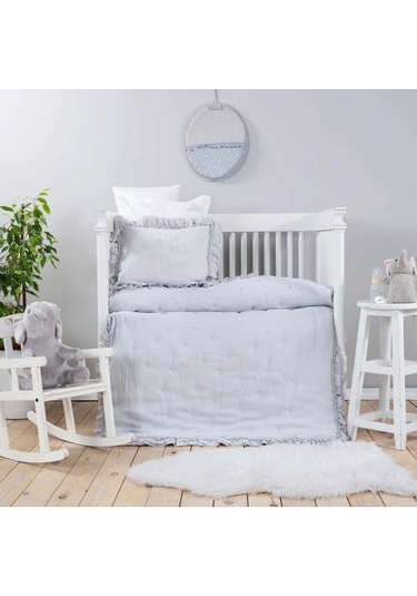 Royale Gri %100 Pamuk Müslin Nakışlı Private Bebek Yorgan Seti