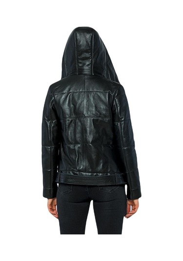 Basics&more Kadın Kapüşonlu Şişme Hakiki Deri Ceket - Elle 001