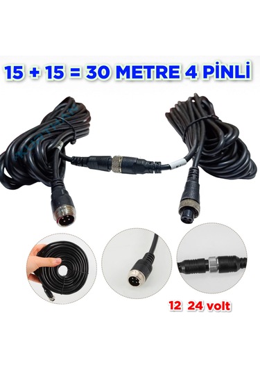 30 Metre 15 + 15 4 Pinli Ticari Araç Kamera Kablosu 12-24 Volt