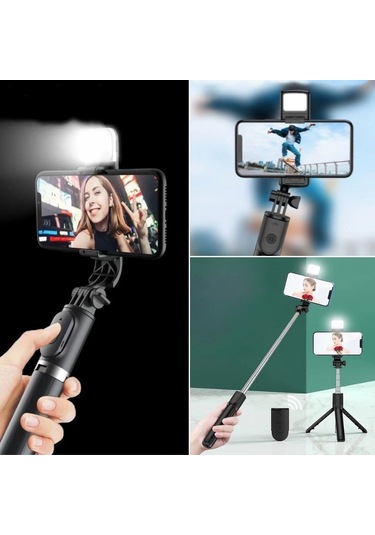 Buffer Kendiliğinden Işıklı Masaüstü Tripod Olabilen Telefon Tutuculu Kablosuz Kumandalı Selfie Çub