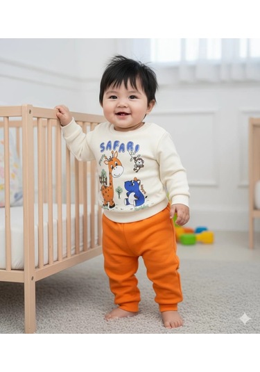 Erkek Bebek Safari Baskılı Alt Üst İkili Gündelik Takım Turuncu