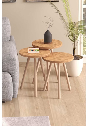 Miracle 3d Zigon Sehpa Ahşap Ayaklı Çam 3'lü Yuvarlak Atlantik