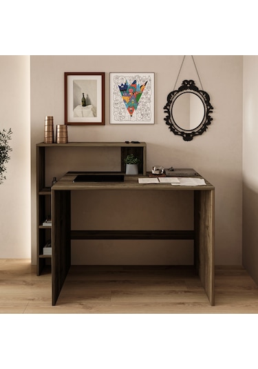 Amber Çalışma Masası Raflı, Modern Bilgisayar Masası Ceviz