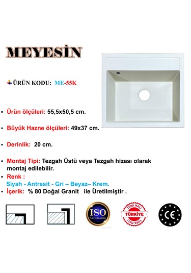Meyesin ME-55K Granit Evye Krem Tek Gözlü Mutfak Evyesi 50 x 55 CM