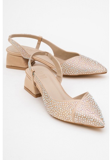 Sella Bej Saten Taşlı Kadın Kısa Topuklu Ayakkkabı Bej
