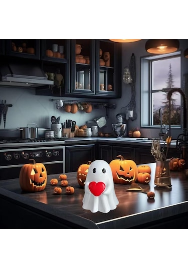 Reedark Halloween Gizemli Kırmızı Kalp Taşıyan Beyaz Hayalet Heykeli - Ev Dekoru, Masaüstü Ve Hediye Özel 9cm Yükseklik
