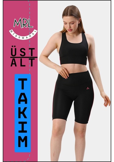 Kadın Siyah Takım Alt-üst Kısa Şort-tayt Ve Pedli Sporcu Büstiyer 2li Set Gül Kurusu Biyeli Elt3043 Siyah Gül