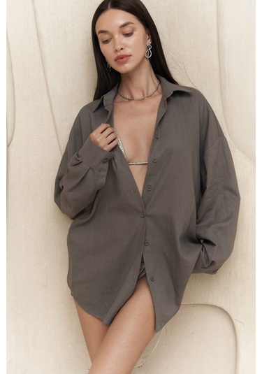 Charlotte Antrasit Oversize Keten Gömlek Antrasit