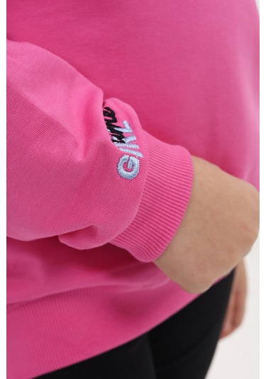 Kız Çocuk Relax Fit Kapüşonlu Düşük Omuz Baskılı Sweatshirt - 2 İplik Fuşya