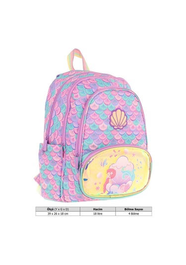 Kaukko Kids Üç Gözlü Kız Çocuk Okul Sırt Çantası Denizkızı Nakışlı Ve Baskılı - L5225 Pembe - Yeşil