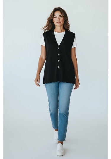 Kadın Önü Düğmeli Cepli Kalın Kışlık Kısa Yelek Mersa5 Siyah