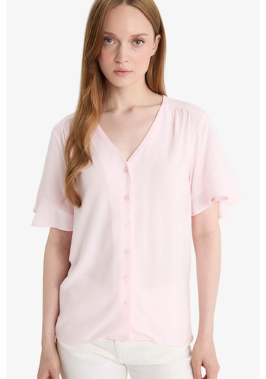 Defacto Regular Fit V Yaka Kısa Kollu Gömlek F6086ax25smpn436 Pembe