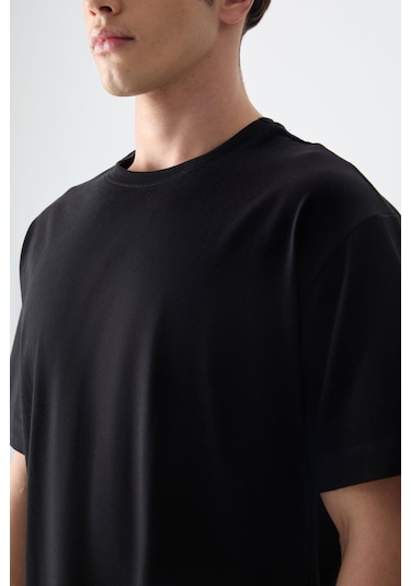 Siyah %100 Pamuk Kalın Yumuşak Dokulu Oversize Fit Basic Erkek T-shirt - 88353 Siyah