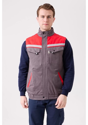 Kışlık İş Yeleği Grikırmızı Gabardin Çok Cepli Royal Sıcak Tutucu Rüzgar Geçirmez Reflektörlü Gri-kırmızı