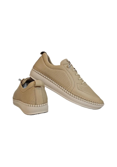 Voyager Z094 Bej Hakiki Deri Lazer İşlemeli Bayan Ayakkabı Bej