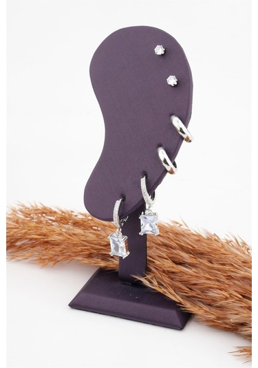 Kadın Altın Kaplama Kare Baget Zirkon Taşlı 6'lı Set Küpe Altın