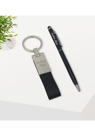 Kişiye Özel Siyah Touchpen Tükenmez Kalem Ve Deri Anahtarlık Hedi