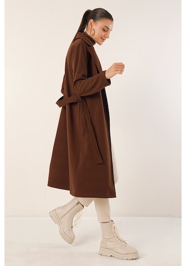 9118 Kruvaze Yaka Kaşe Kaban - Kahverengi Kahverengi