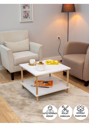 Kare Orta Sehpa Ahşap Ayaklı Sehpa Iki Raflı Sehpa Dekoratif Sehpa Gazetelikli - Beyaz - 60cm X 60cm