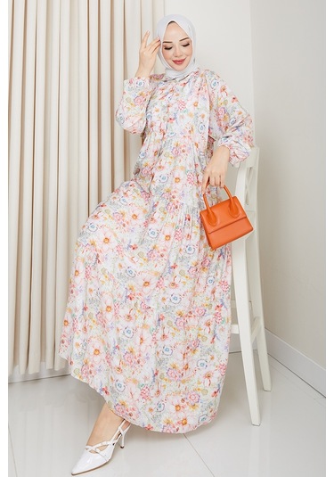 Elera Desenli Yarasa Kol Tesettür Elbise 1572 - Pembe Pembe