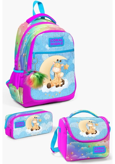 Coral High Kids Mavi Pembe Zürafa Desenli Okul Çanta Seti Set0123479
