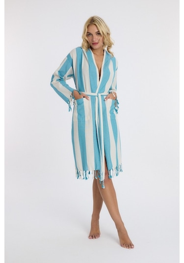 Mulberry Striped Peştemal Bornoz Banyo Ve Plaj Elbisesi Mavi