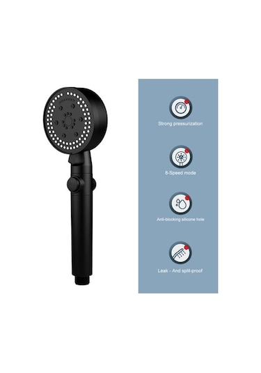 Siyah Duş Başlığı 8 Püskürtme Modu Silikon Nozullu Yüksek Basınçlı El Duş Başlığı Banyo Siyah