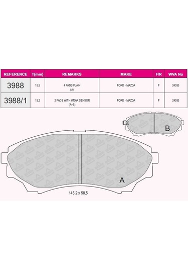 Bsr Fren Balata On Ikazlı Ford Ranger 2.5 Tdcı 4x4 2002-2006 / Ranger 2.2 Tdcı 2002-2006 / Ranger 3.0 Tdcı 2002-2006 / Ranger 3.2 Tdcı 2002-2006 / Maz