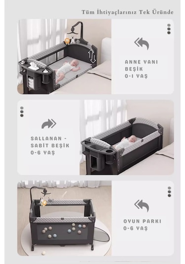 Kiwi Wildnest 3in1 Anne Yanı Park Yatak Katlanır Beşik, Tekerlekli, Yan Açılır, Müzik+oyuncak+cibinlik