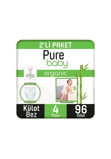 Pure Baby Organik Bambu Özlü Külot Bez 2'li Paket 4 Numara Maxi 96 Adet 2'li