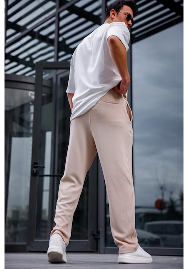 Erkek Bej Renk Burgu Desen Örme Kumaş Baggy Pantolon-1753 Bej