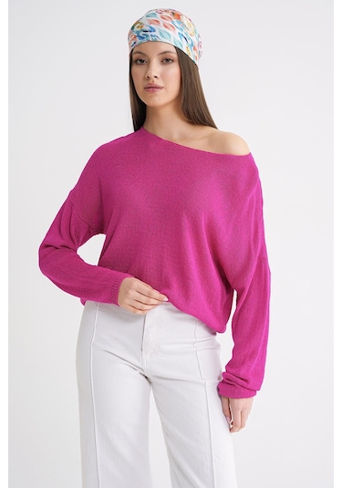 6933 Kadın Kayık Yaka İnce Mevsimlik Triko Kazak Fuşya Fuşya