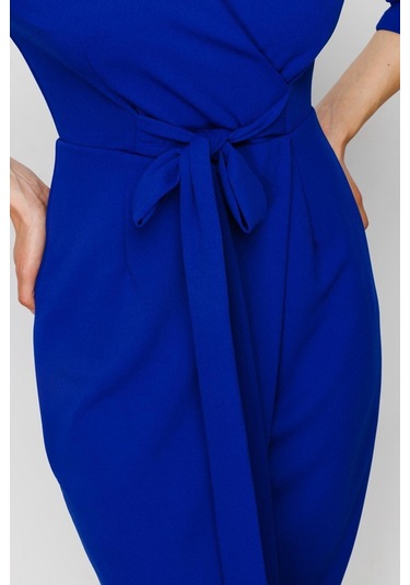 Nefeli V Yaka Midi Sarımlı Elbise - Minimalist Şık Günlük Saks