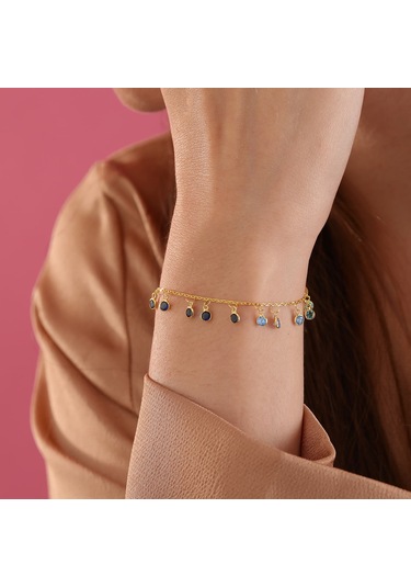 925 Ayar Gümüş Ful Sallantılı Mavi Renk Geçişli Bileklik Altın