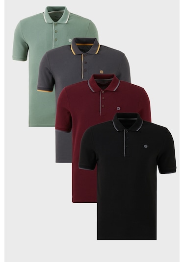 Buratti Pamuklu Slim Fit Şerit Detaylı Düğmeli Polo Yaka 4'Lü Paket Erkek T Shirt 5902118S4 Siyah-Vişne-Antrasit-Elma Yeşili-Beyaz